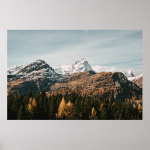 GREEN TREES NEAR SNOW COVERED MOUNTAIN DURING DAYT POSTER