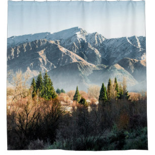 GREEN TREES NEAR SNOW COVERED MOUNTAIN DURING DAYT SHOWER CURTAIN