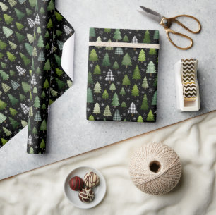Green Trees on Black Holiday Christmas Pattern Wrapping Paper