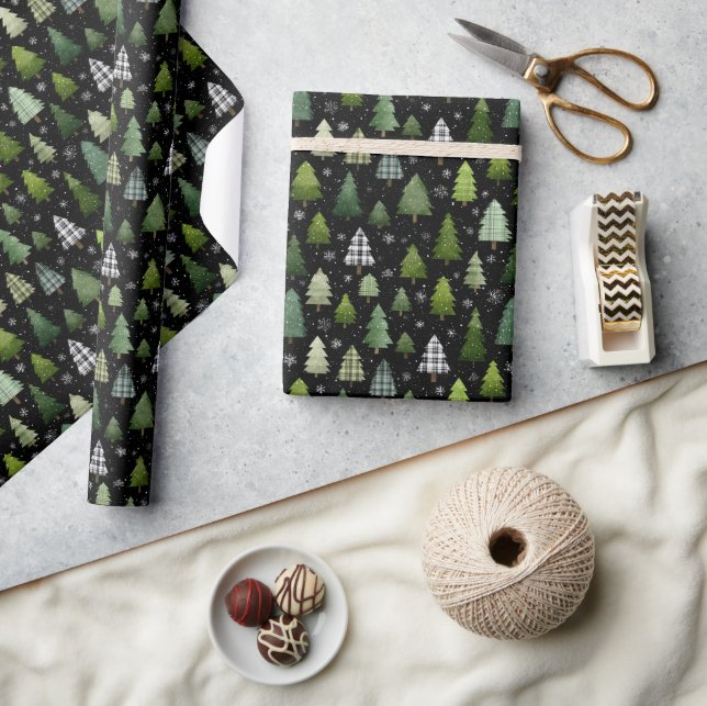 Green Trees on Black Holiday Christmas Pattern Wrapping Paper (Crafts)