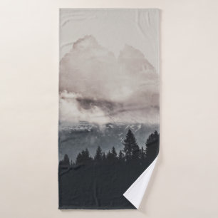 GREEN TREES ON MOUNTAIN UNDER WHITE CLOUDS BATH TOWEL