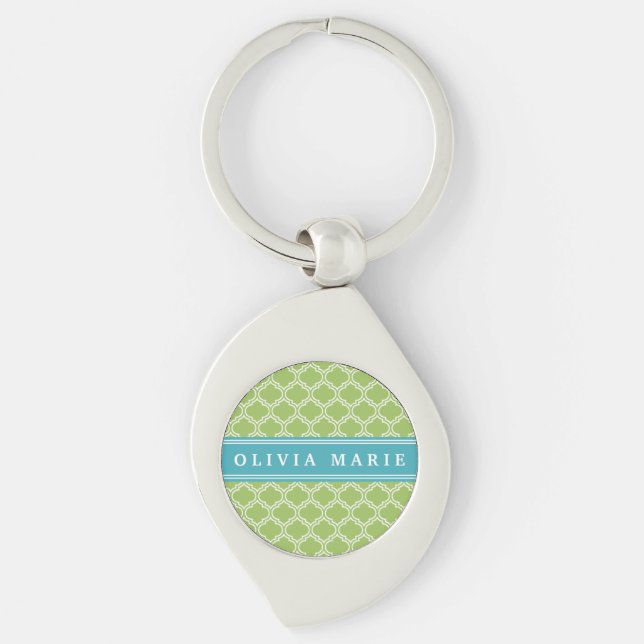 Green Trellis Vibrant Blue Name Template Key Ring (Front)