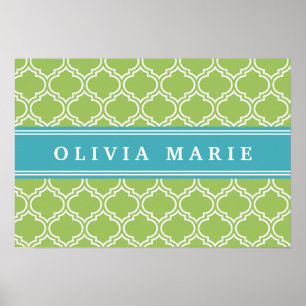 Green Trellis Vibrant Blue Name Template Poster