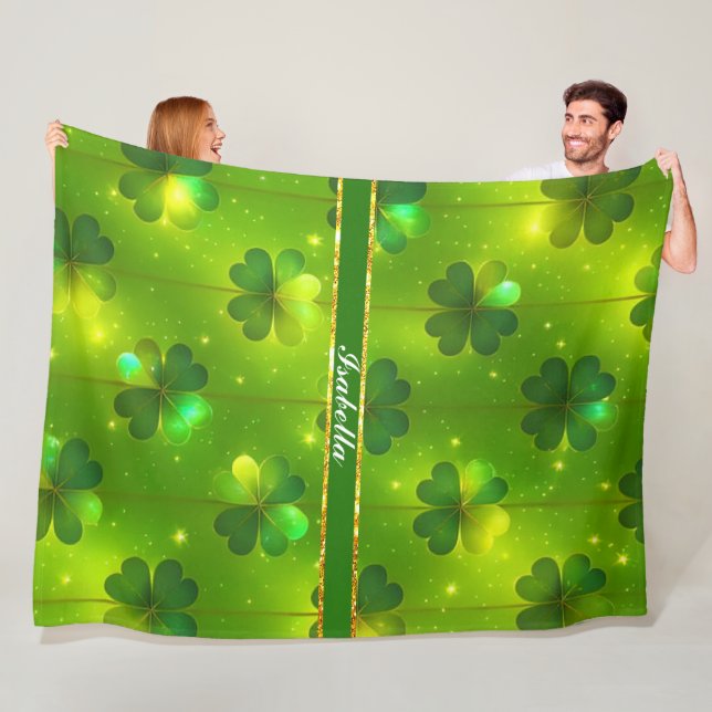 Green Trendy St Patrick's Day Clover Collection Fleece Blanket (In Situ)