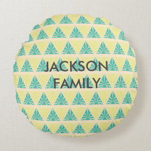 Green Triangle Pattern with Family Name Round Cushion