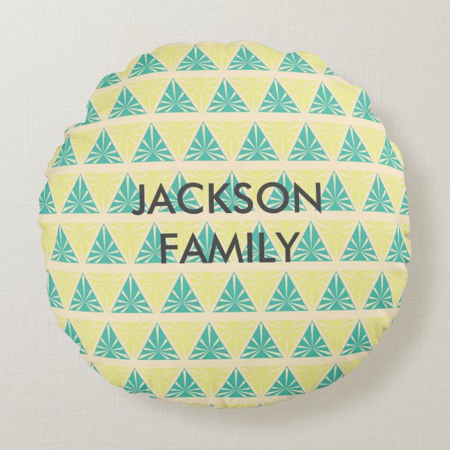 Green Triangle Pattern with Family Name Round Cushion (Front)