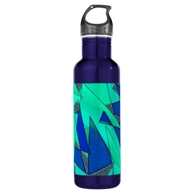 Green triangular cutouts on blue background, rough 710 ml water bottle (Front)