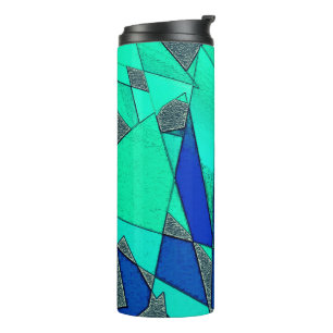 Green triangular cutouts on blue background, rough thermal tumbler