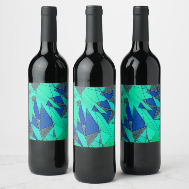 Green triangular cutouts on blue background, rough wine label (Bottles)