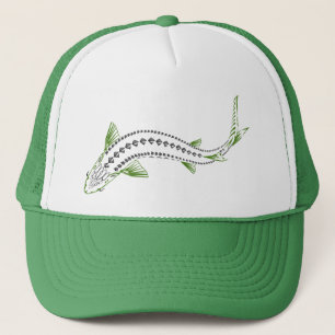 GREEN TRIBAL SWIMMING STURGEON FISH TRUCKER HAT