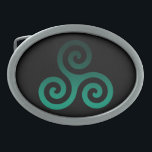 Green Triskele Ancient Celtic Symbol Black Belt Buckle<br><div class="desc">Green Triskele symbol. The Triskele or Triskelion symbol consists of three interlocked spirals or three arms as if it is moving from its centre. This Celtic symbol of movement or action represents the three worlds; the celestial,  physical,  and spiritual.</div>