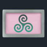 Green Triskele Ancient Celtic Symbol Pink Belt Buckle<br><div class="desc">Green Triskele symbol. The Triskele or Triskelion symbol consists of three interlocked spirals or three arms as if it is moving from its centre. This Celtic symbol of movement or action represents the three worlds; the celestial,  physical,  and spiritual.</div>