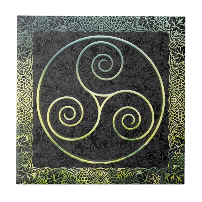 Green Triskelion & Maple Leaf Celtic Border Ceramic Tile (Front)
