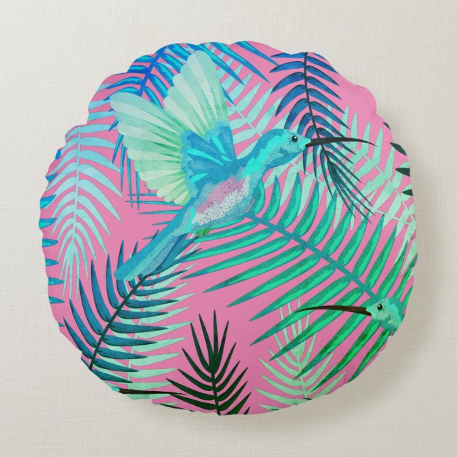 Green Tropical Bird & Floral Print Round Pillow (Front)