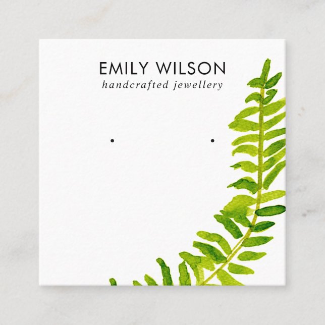 GREEN TROPICAL FERN FAUNA EARRING STUD DISPLAY  SQUARE BUSINESS CARD (Front)