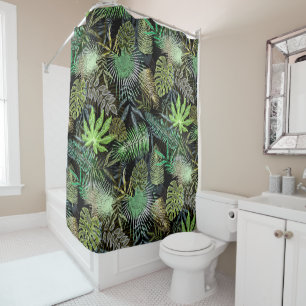 Green Tropical Ferns on Black Background Shower Curtain