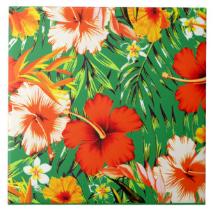 Green Tropical hibiscus flowers Ceramic Tile