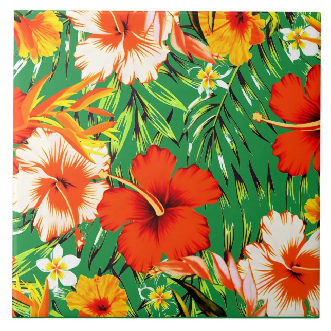 Green Tropical hibiscus flowers Ceramic Tile (Front)