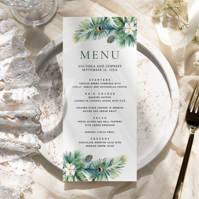 Green Tropical Indian Peacock Feathers Wedding Menu (Creator Uploaded)