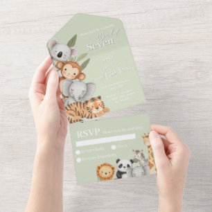 Green Tropical Jungle Birthday Shower Animals  All In One Invitation