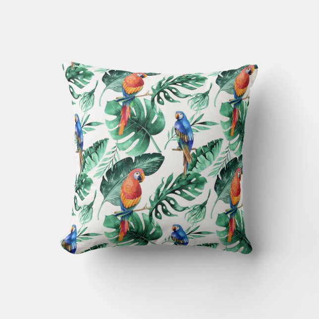 Green Tropical Jungle Rain Forest Leaves Parrots Cushion (Front)