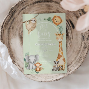 Green Tropical Jungle Safari Animals Baby Shower Invitation
