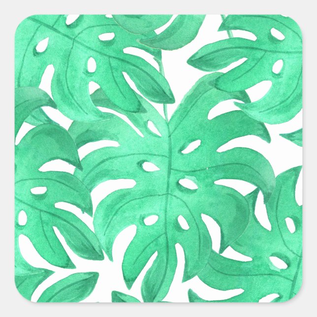 Green Tropical Leaf Art Square Sticker (Front)