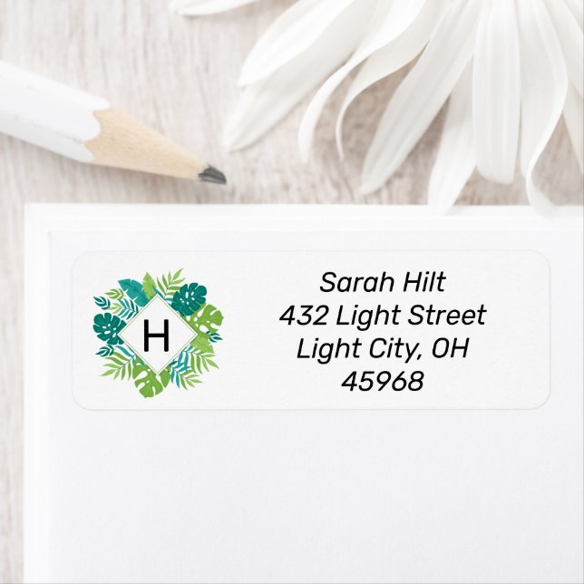 Green Tropical Leaf Monogram Address Return Return Address Label (Insitu)