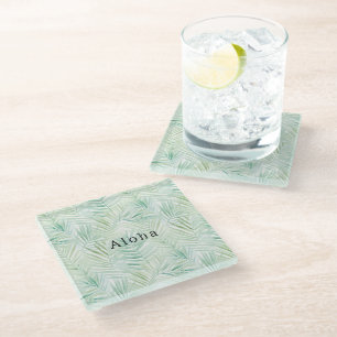 Green Tropical Leaves Aloha Glass Coaster