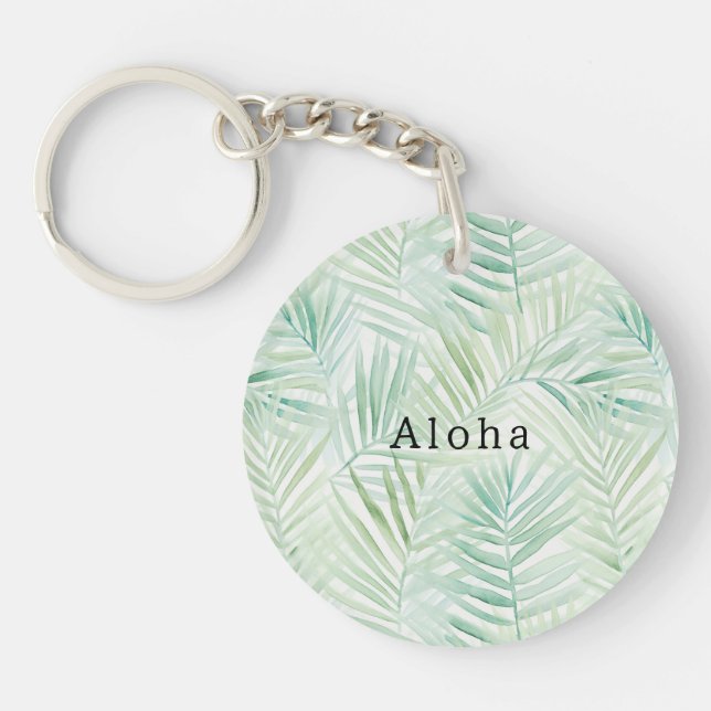 Green Tropical Leaves Aloha Key Ring (Front)