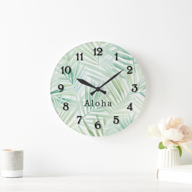 Green Tropical Leaves Aloha Large Clock (Home)