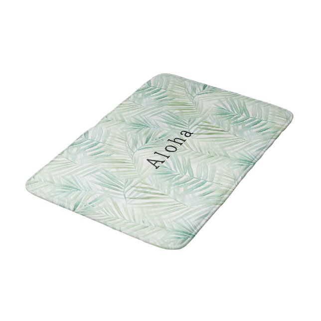 Green Tropical Leaves Aloha Wedding Bath Mat (Angled)