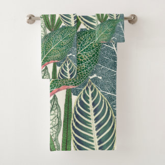 Green tropical leaves bath towel set