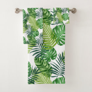 Green tropical leaves bath towel set