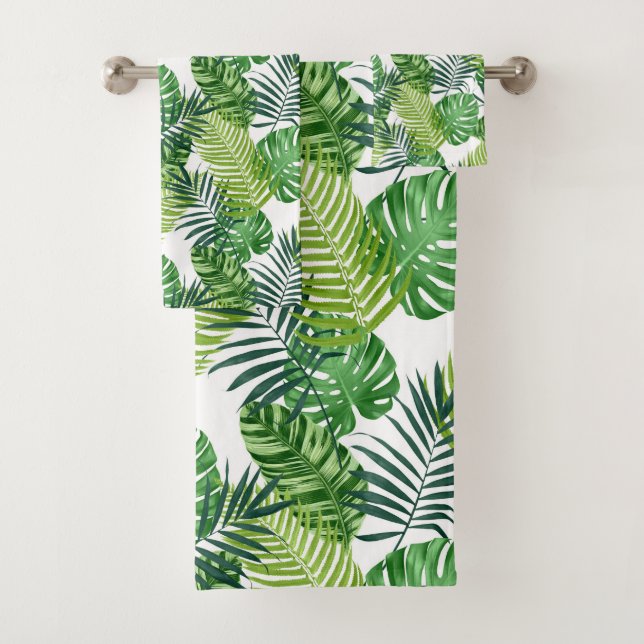 Green tropical leaves bath towel set (Insitu)