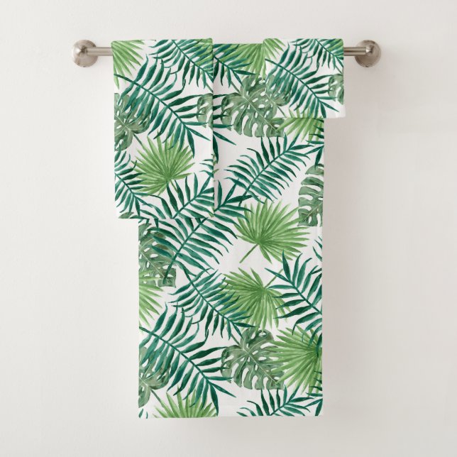Green Tropical Leaves Bathroom Towel Set (Insitu)