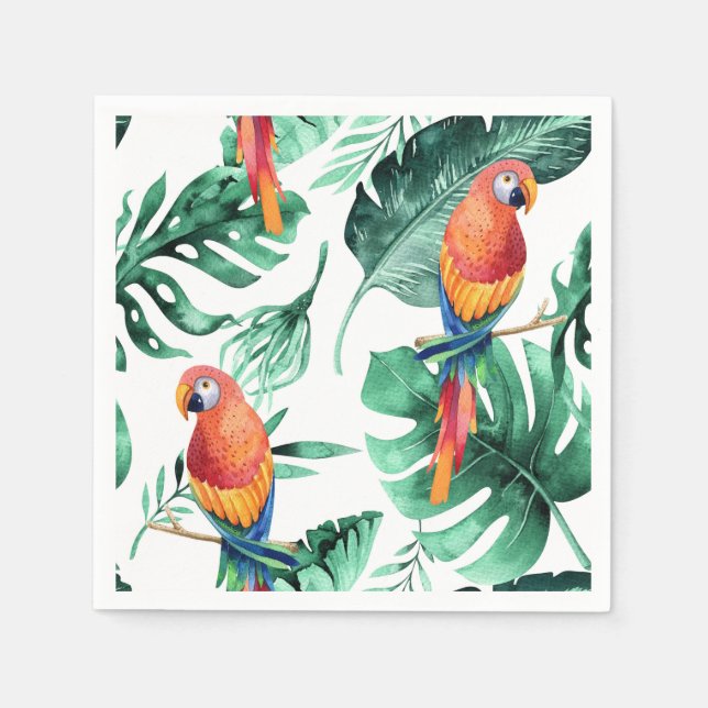 Green Tropical Leaves & Birds Summer Party Napkin (Front)