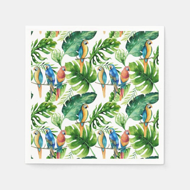 Green Tropical Leaves & Birds Summer Party Napkin (Front)