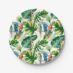 Green Tropical Leaves & Birds Wedding Party Paper Plate