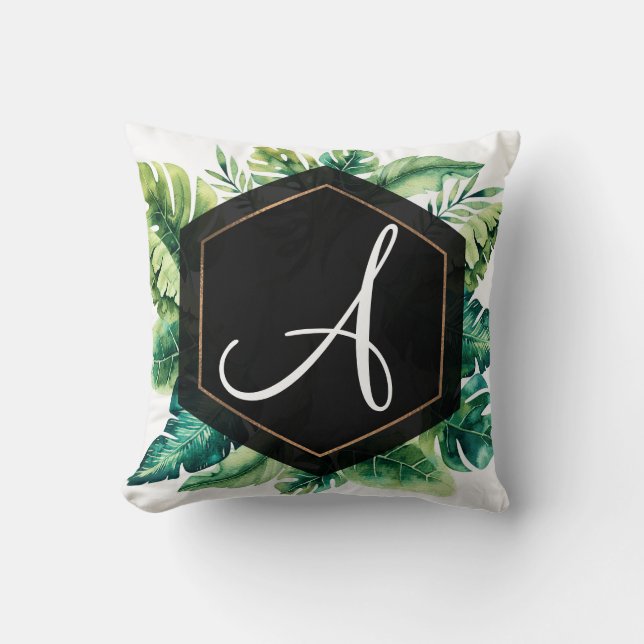Green Tropical Leaves Black Elegant Chic Summer Cushion (Front)