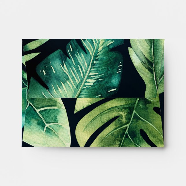 Green Tropical Leaves Black Elegant Invitation Envelopes (Back (Top Flap))