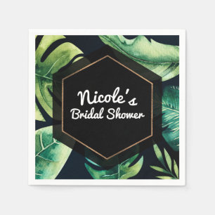 Green Tropical Leaves Black Elegant Wedding Party Napkin