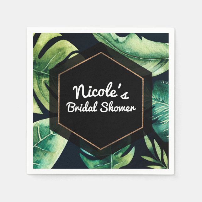 Green Tropical Leaves Black Elegant Wedding Party Napkin (Front)