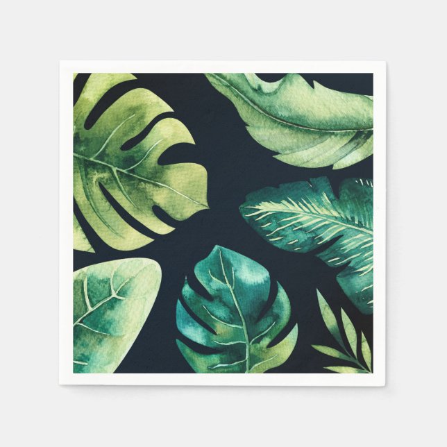 Green Tropical Leaves Black Elegant Wedding Party Napkin (Front)