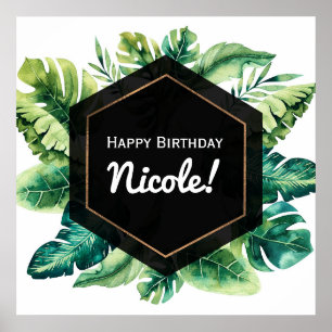 Green Tropical Leaves Black Wedding Banner Poster