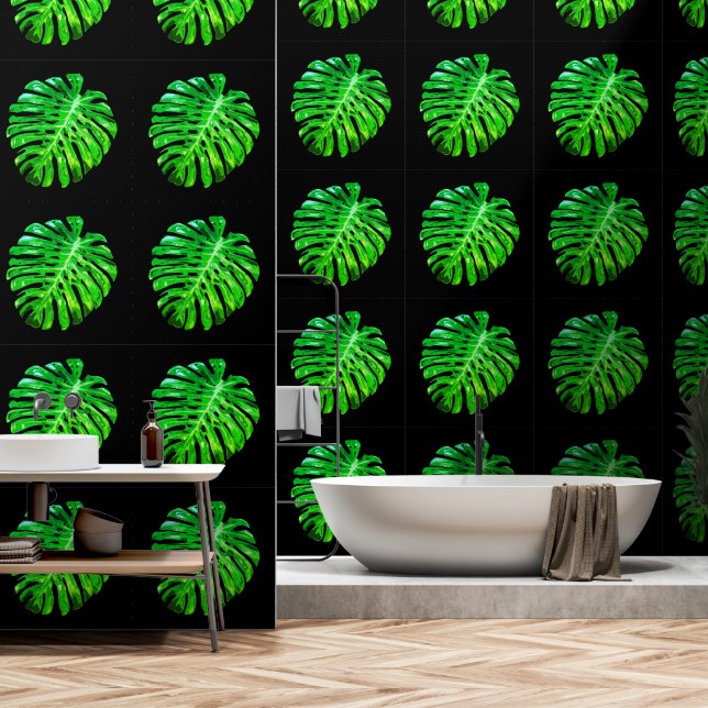 Green Tropical Leaves Custom Colour Black Wallpaper (Bathroom)