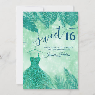 Green tropical leaves dress sweet sixteen  invitat invitation