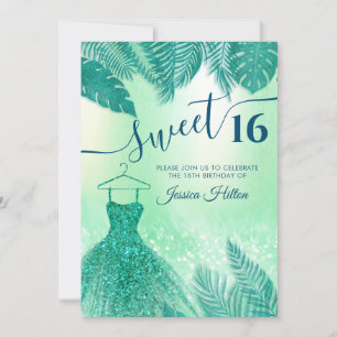 Green tropical leaves dress sweet sixteen invitation