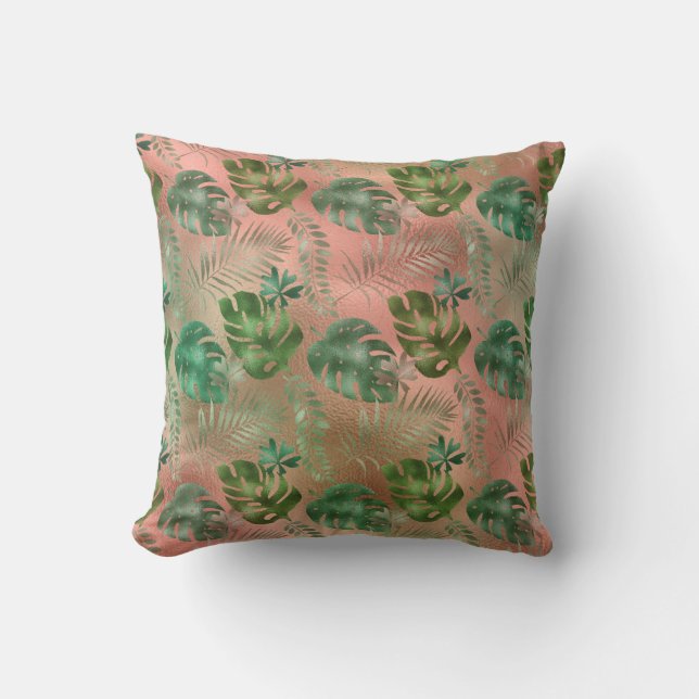 Green Tropical Leaves Iridescent Pink Terracotta Cushion (Front)