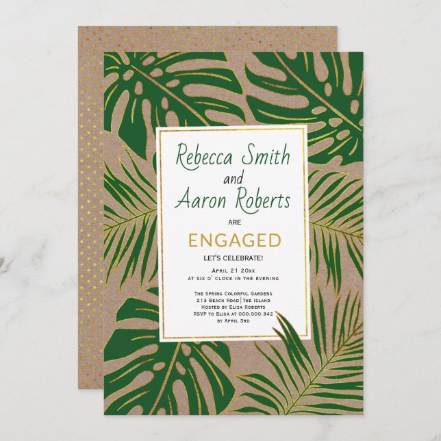 Green tropical leaves kraft paper engagement party invitation (Front/Back)